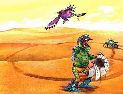 птица обделала карту мотоциклиста, участвующего в ралли по пустные